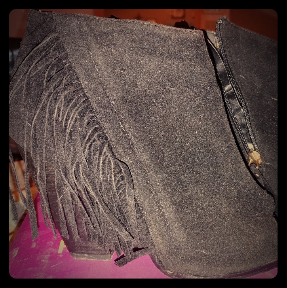 Black Suade peep toe booties with fringe